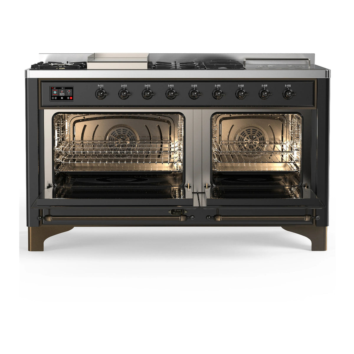 Graphite matte dual-fuel range with open oven doors and visible racks inside