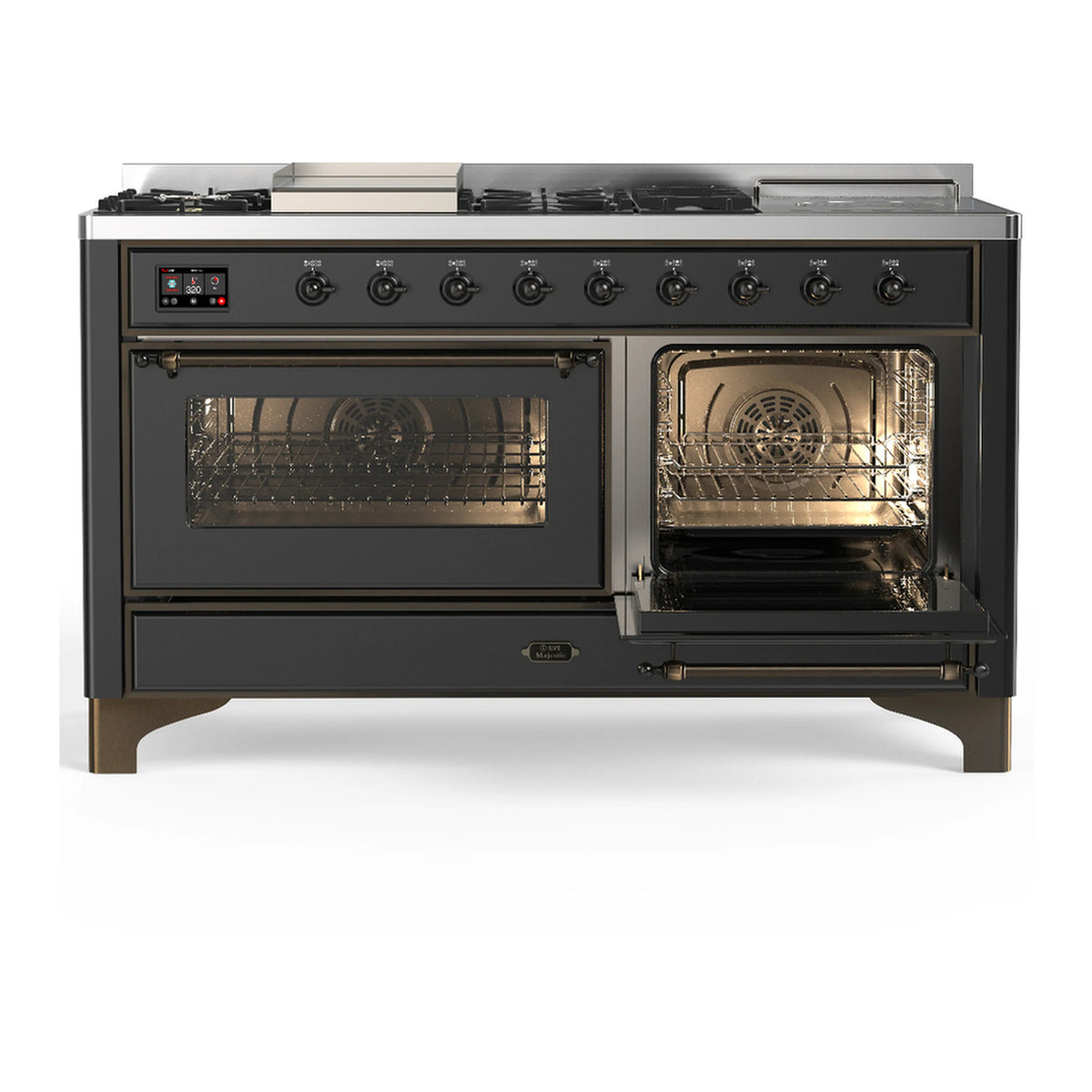 Graphite matte dual-fuel range with glass oven doors and interior racks visible