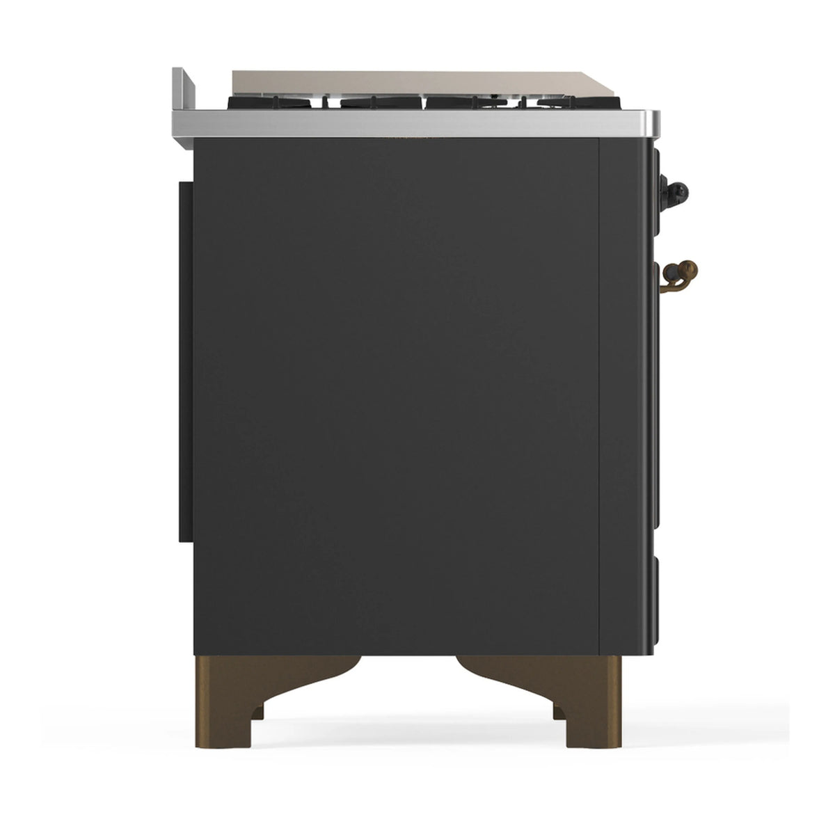 Graphite matte dual-fuel range back view with stainless top and side trims