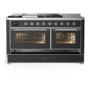 ILVE Majestic III 60-inch Dual Fuel Range with 5 Liquid Propane Burner, Griddle, French Top and Triple Glass Door Electric Oven in Graphite Matte with Chrome Trim (UM60FSNR3MGCLP)