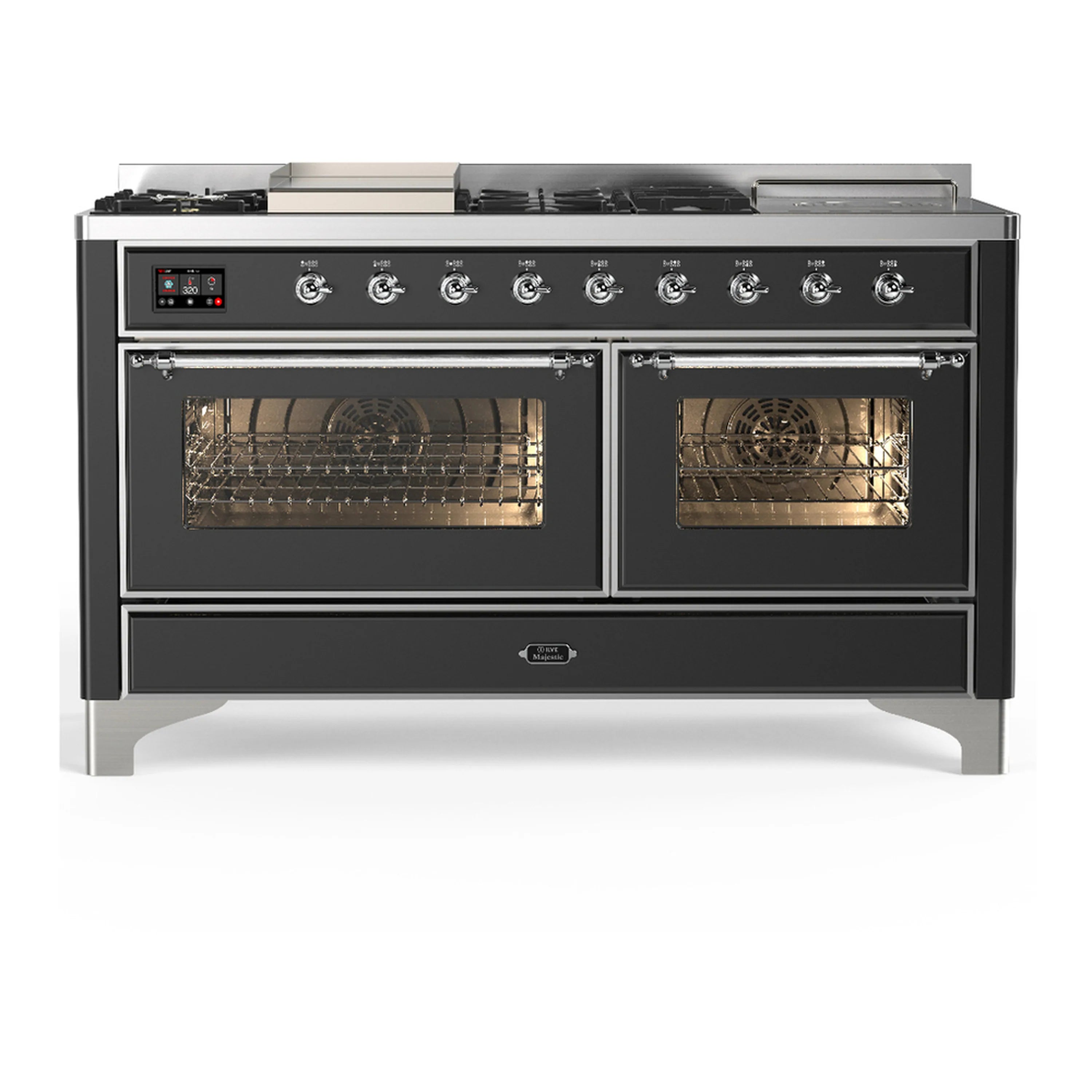 Graphite matte dual fuel range with chrome trim, two triple-glass ovens, front control panel