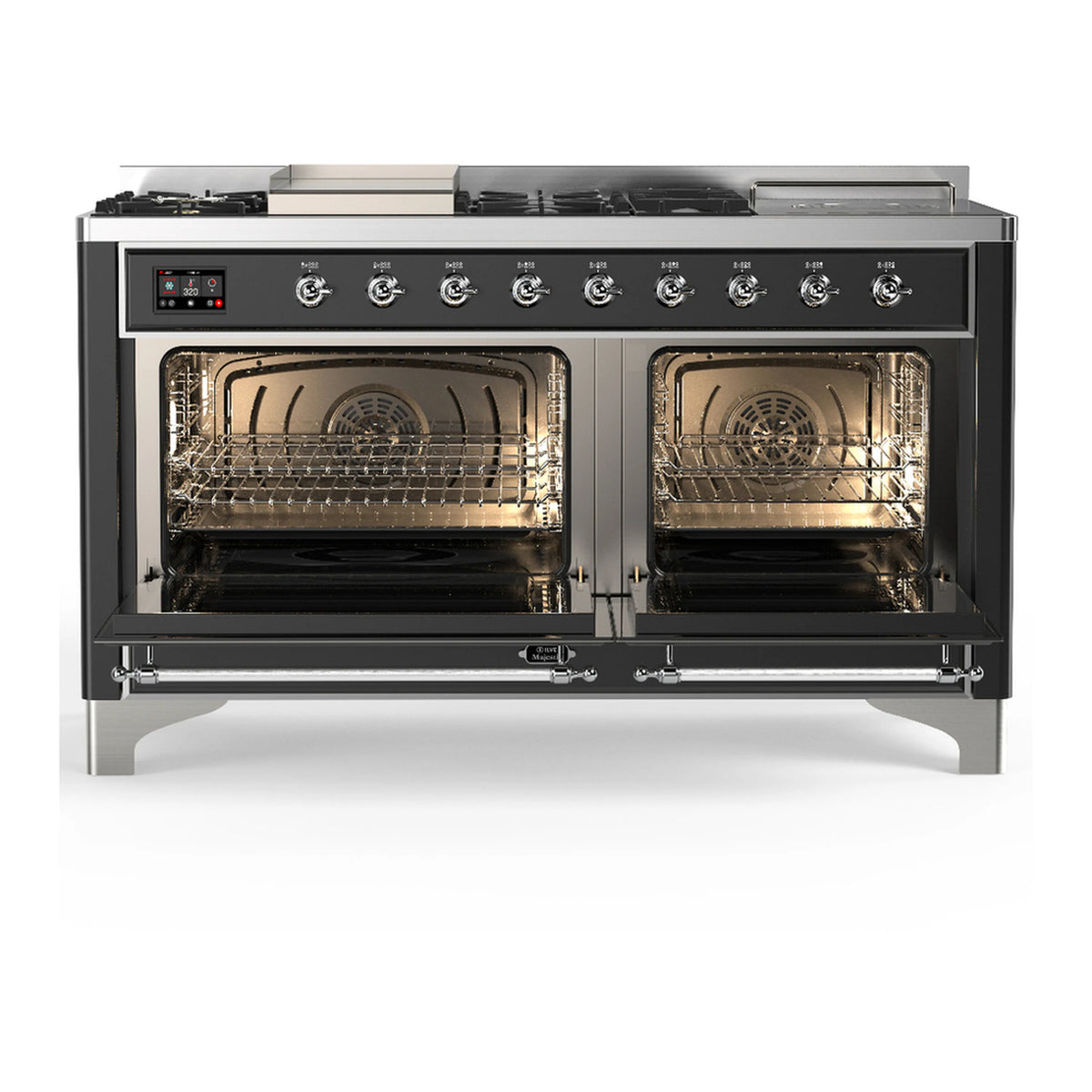 Graphite matte dual fuel range with both oven doors open and oven racks visible