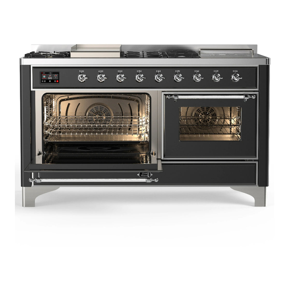 Graphite matte dual fuel range with left oven door open, right oven door closed