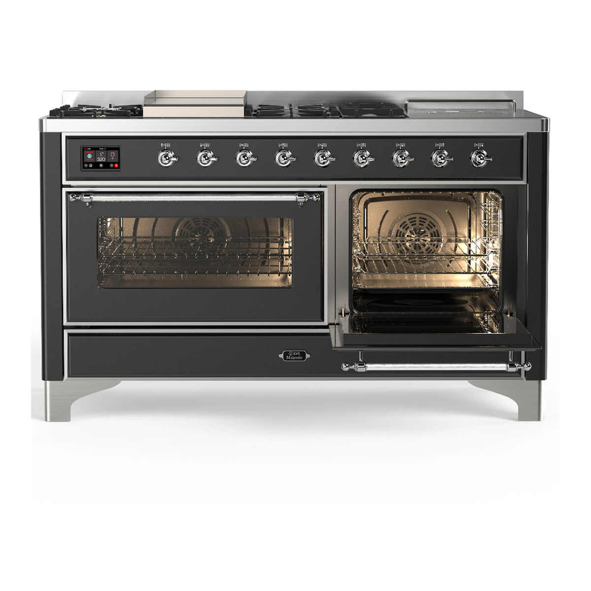Graphite matte dual fuel range with right oven door open and interior racks visible