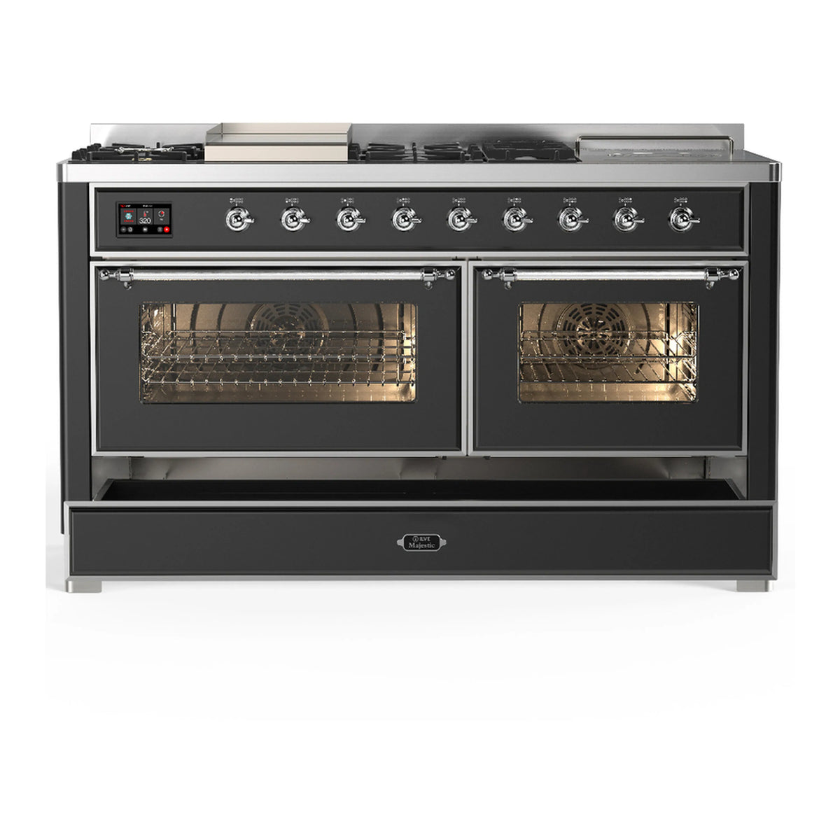 Graphite matte dual fuel range front view with two oven doors and lower storage drawer