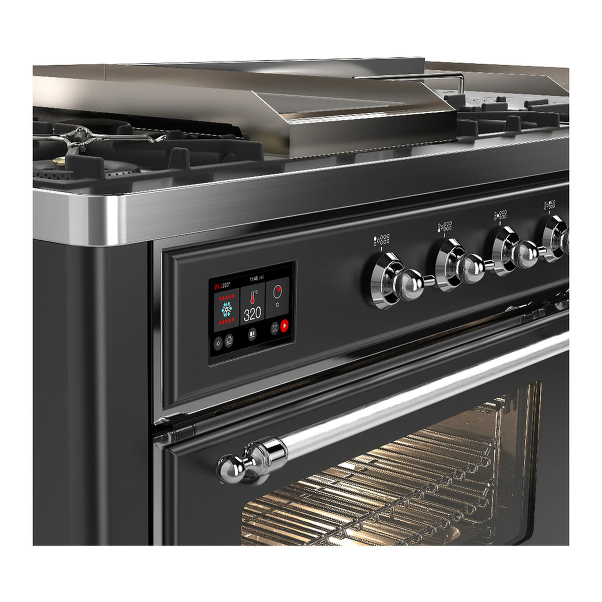 Dual fuel range control panel with knobs and digital display above a chrome handle
