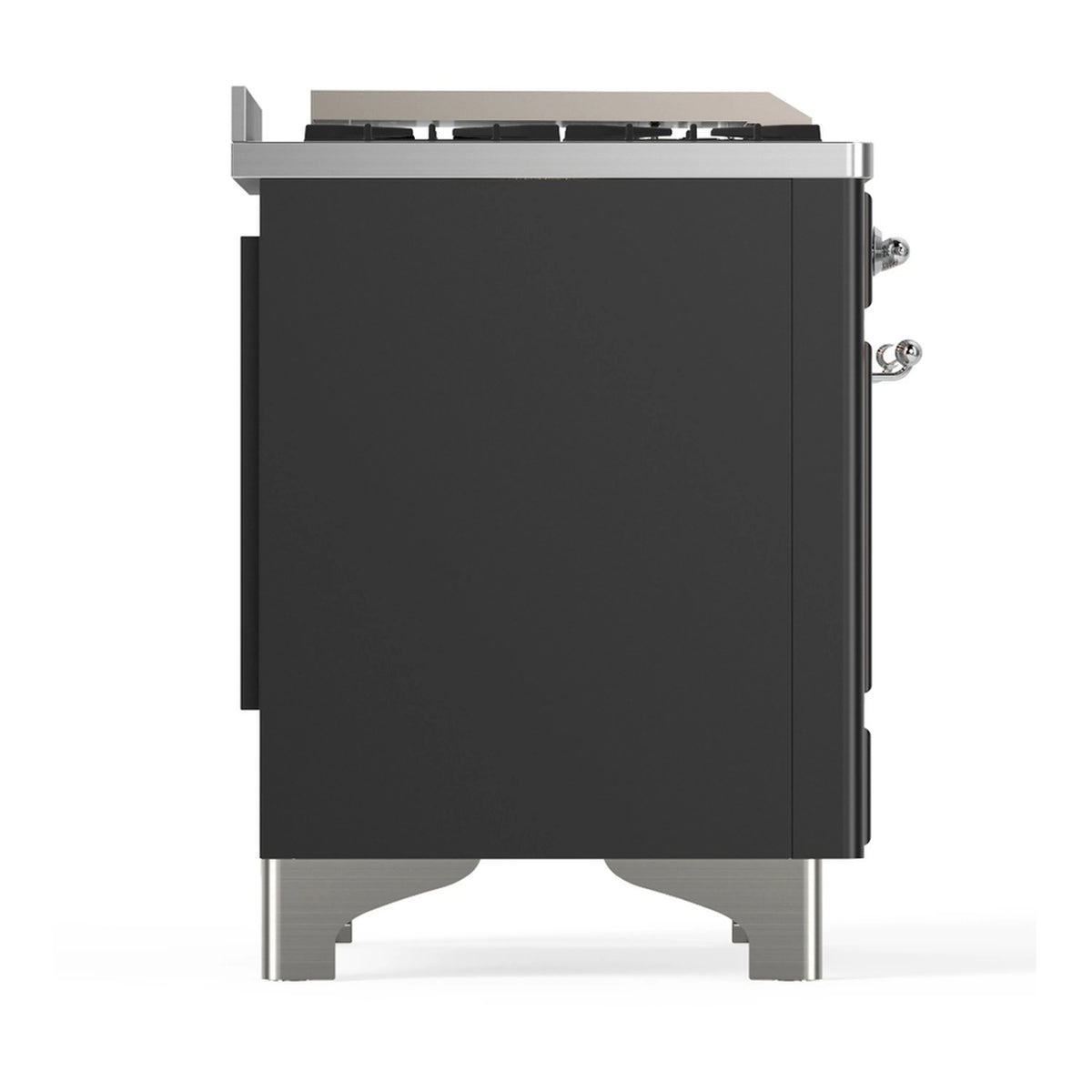 Side view of graphite matte dual fuel range with chrome side accents and legs