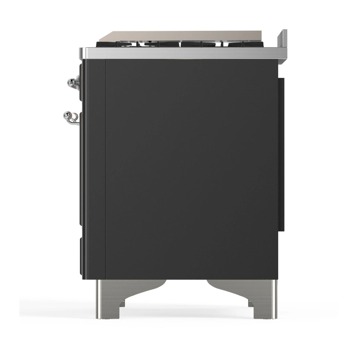 Rear-side view of graphite matte dual fuel range with chrome legs and side handles
