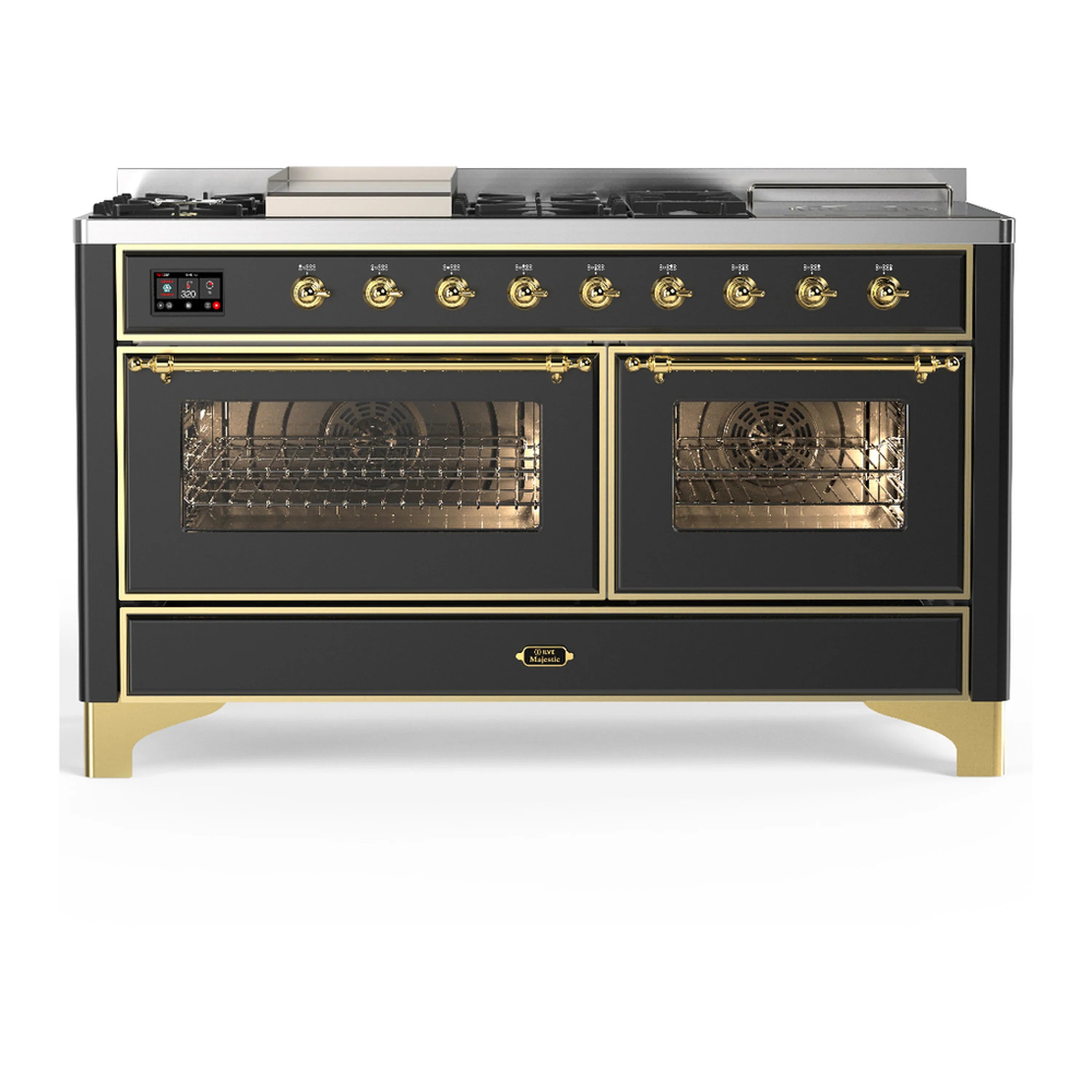 Graphite matte dual fuel range with brass trim, glass oven doors, and burner knobs