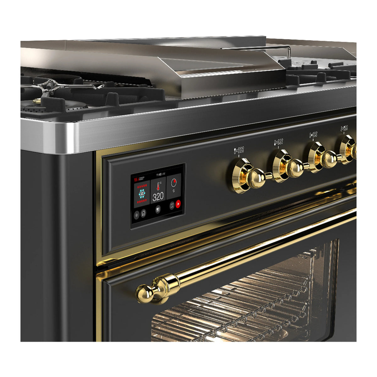 Dual fuel range close-up: brass control knobs and lit display beside oven window