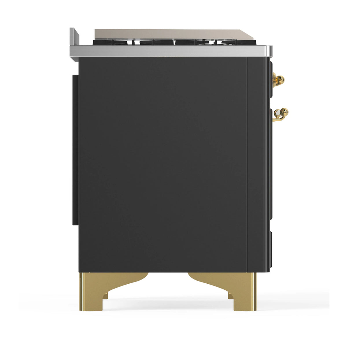 Graphite matte dual fuel range side view with brass-trim legs and rear vent