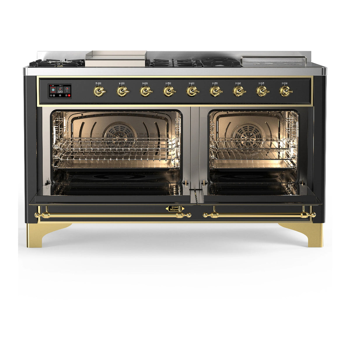 Graphite matte range with brass trim; both ovens open showing racks and heating elements.