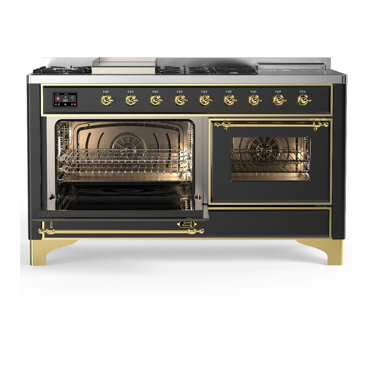 Graphite matte range with brass trim; left oven door open with racks visible.