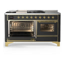ILVE Majestic III 60-inch Dual Fuel Range with 7 Natural Gas Burner, Griddle, French Top and Triple Glass Door Electric Oven in Graphite Matte with Brass Trim (UM60FSNR3MGG)