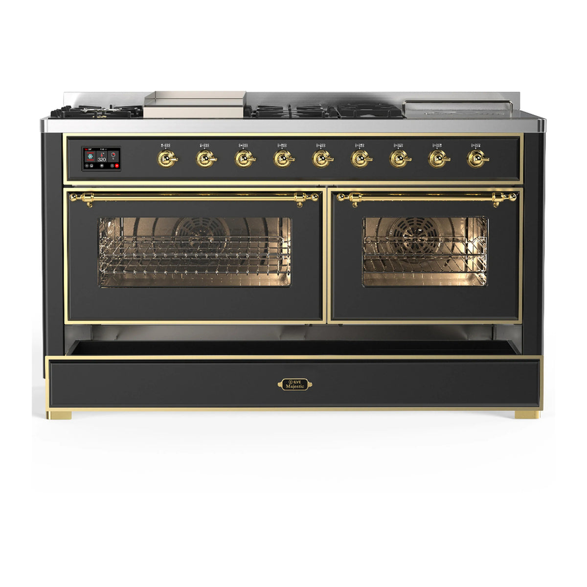 Graphite matte range with brass trim; lower storage door and two oven windows.