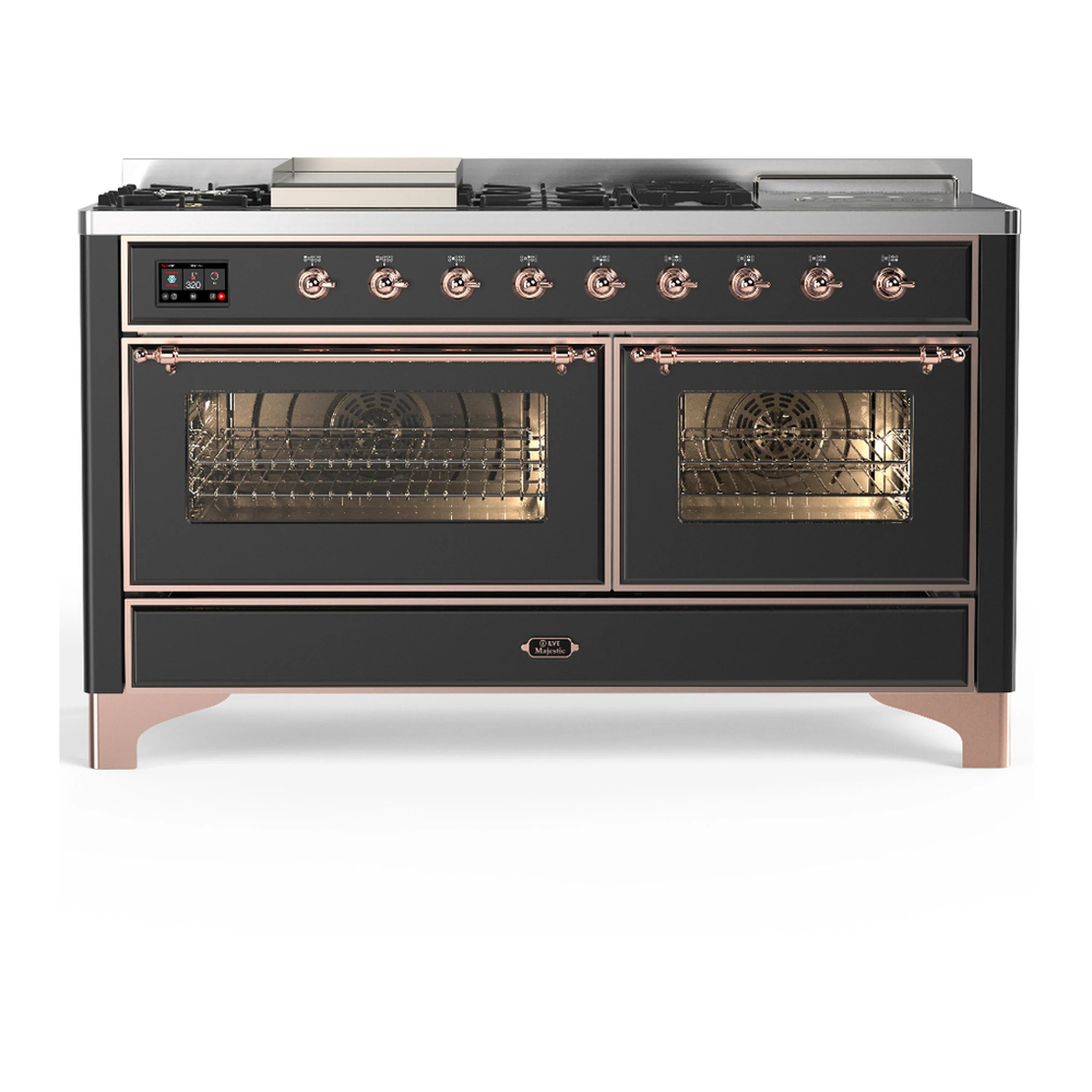 Graphite matte dual fuel range with two oven doors, control panel, and copper trim