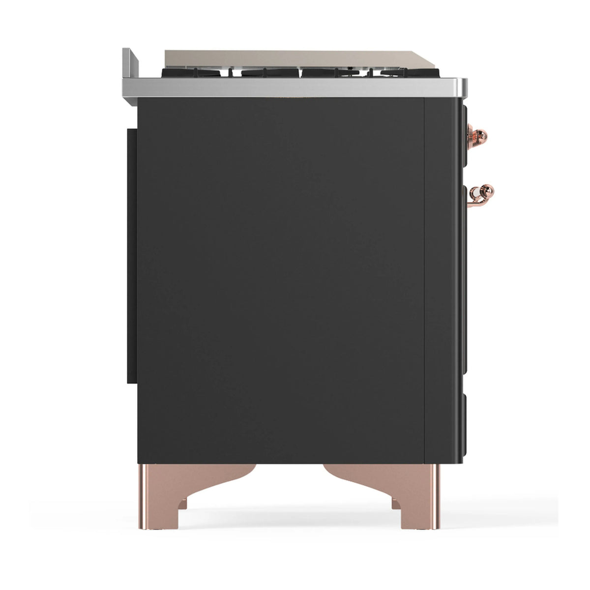 Graphite matte side of dual fuel range with top griddle and copper trim accents