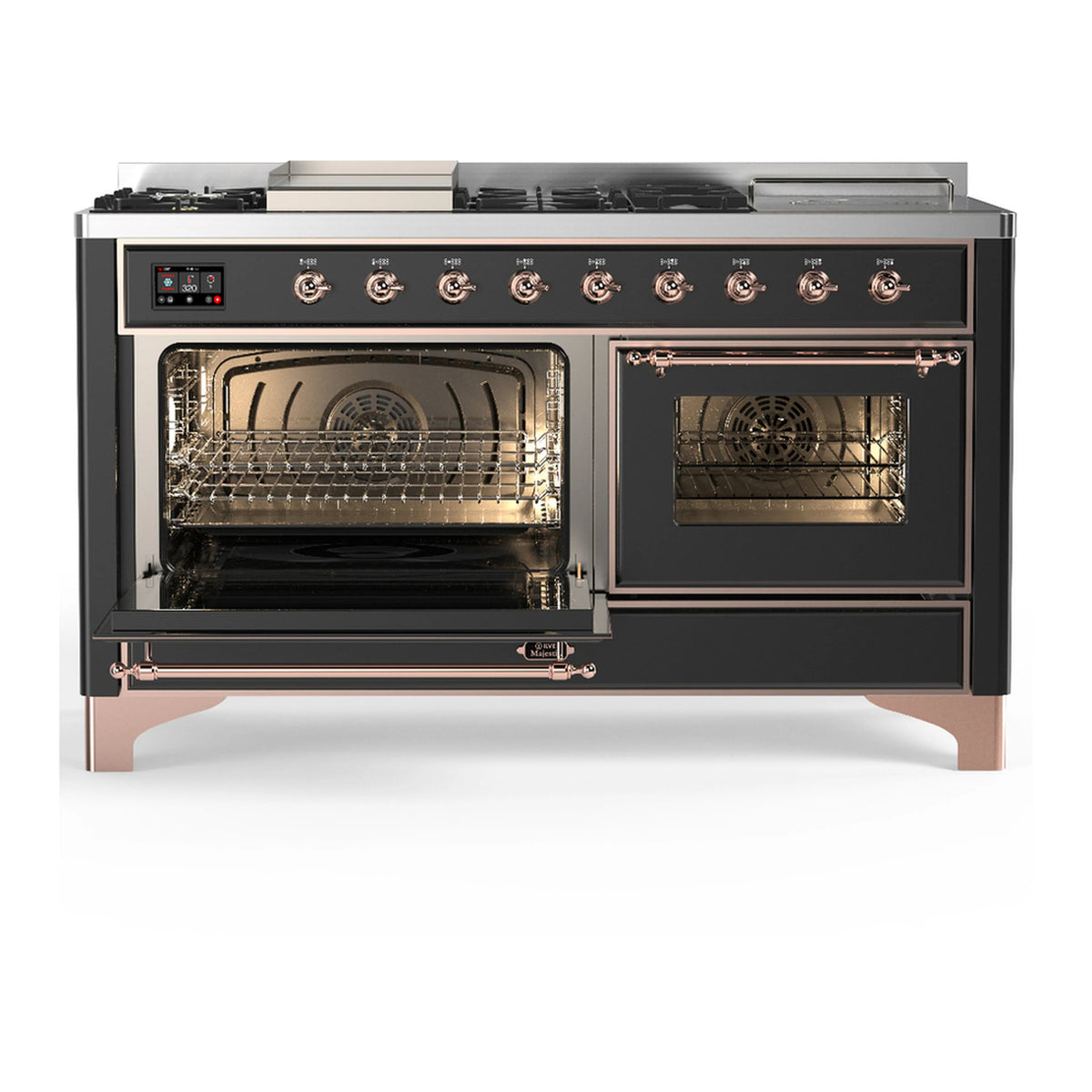Dual fuel range showing left oven open and right oven with door, wire racks, graphite matte