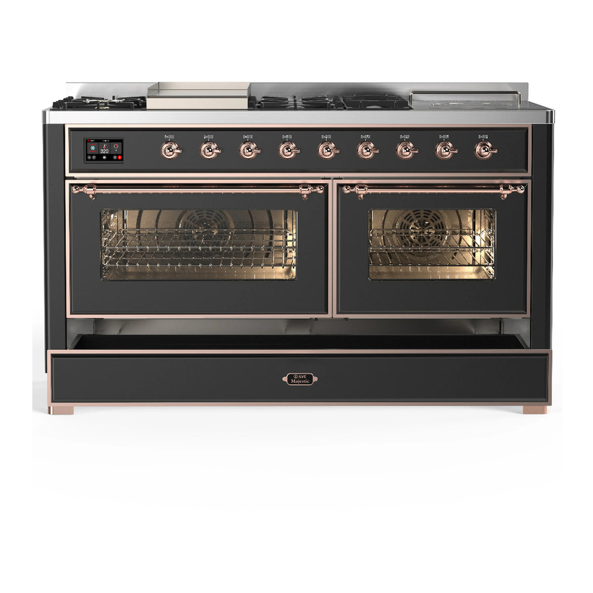 Dual fuel range with both upper oven doors open, racks inside, graphite matte with copper trim