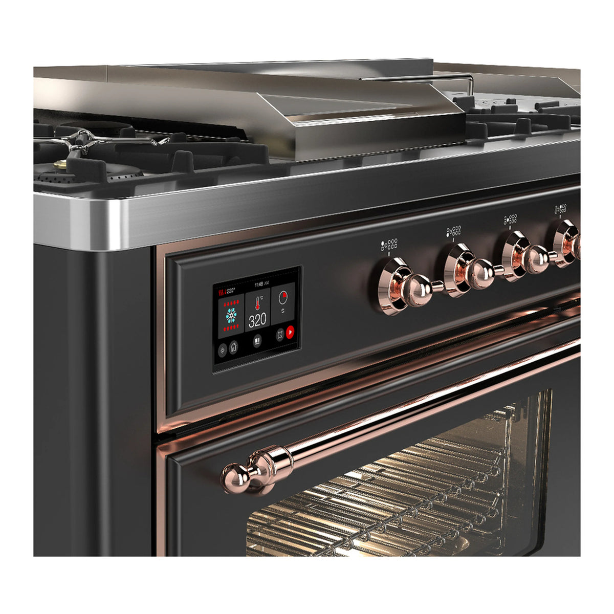 Dual fuel range control panel and burner knobs, graphite matte with copper-trimmed accents