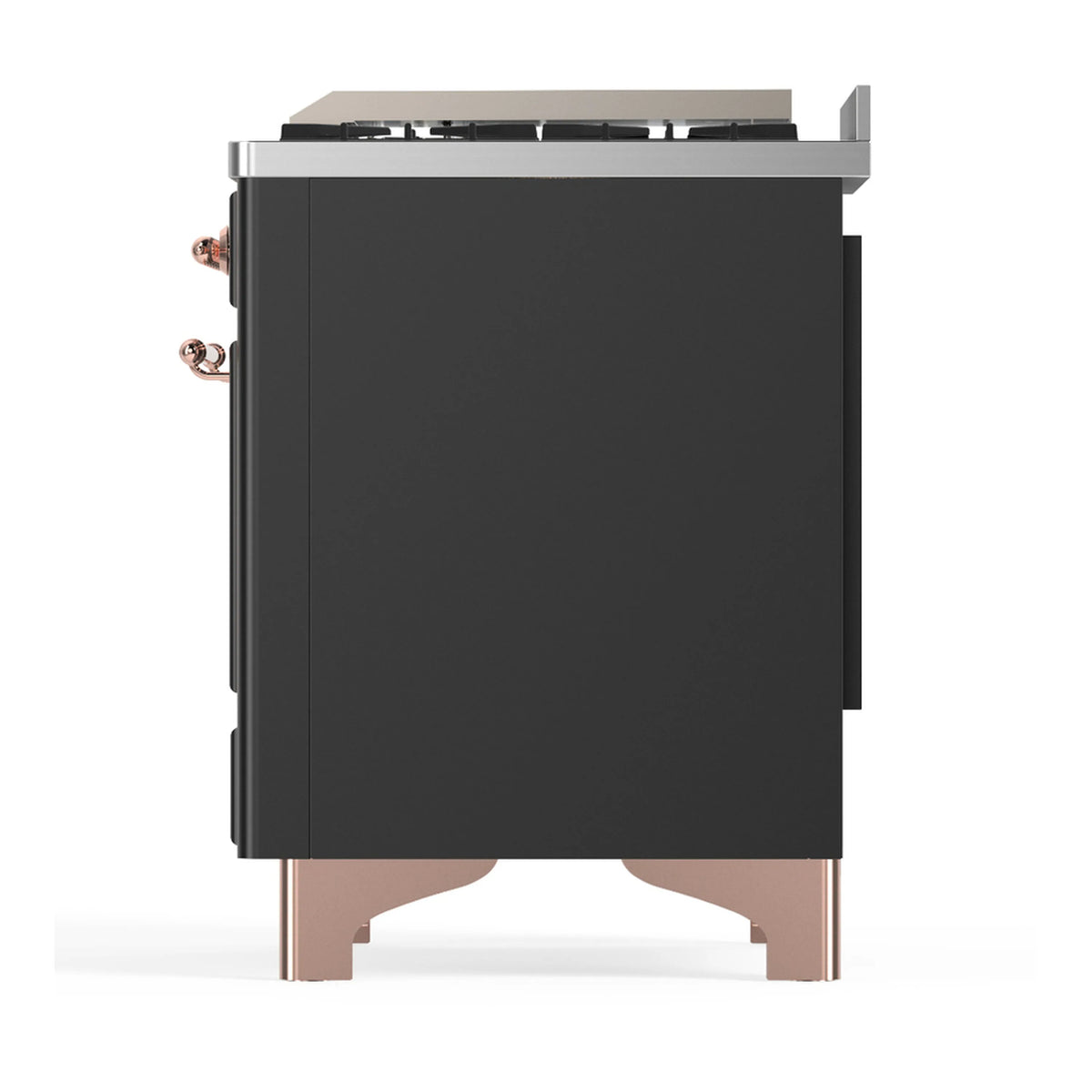 Dual fuel range side panel view from opposite angle, graphite matte body with copper trim