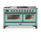 ILVE Majestic III 60-inch Dual Fuel Range with 5 Liquid Propane Burner, Griddle, French Top and Triple Glass Door Electric Oven in Mediterranean Mint with Burnished Trim (UM60FSNR3MMBLP)