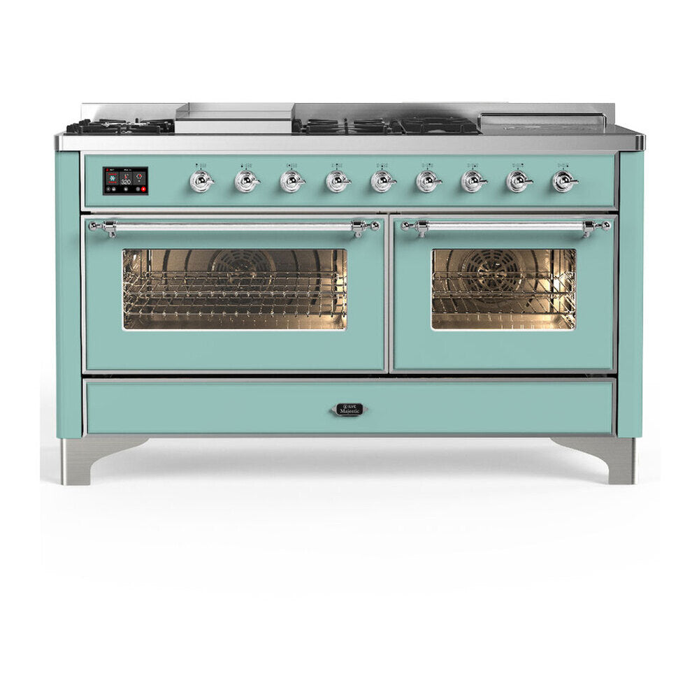 ILVE Majestic III 60-inch Dual Fuel Range with 5 Liquid Propane Burner, Griddle, French Top and Triple Glass Door Electric Oven in Mediterranean Mint with Chrome Trim (UM60FSNR3MMCLP)