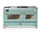ILVE Majestic III 60-inch Dual Fuel Range with 7 Natural Gas Burner, Griddle, French Top and Triple Glass Door Electric Oven in Mediterranean Mint with Chrome Trim (UM60FSNR3MMC)