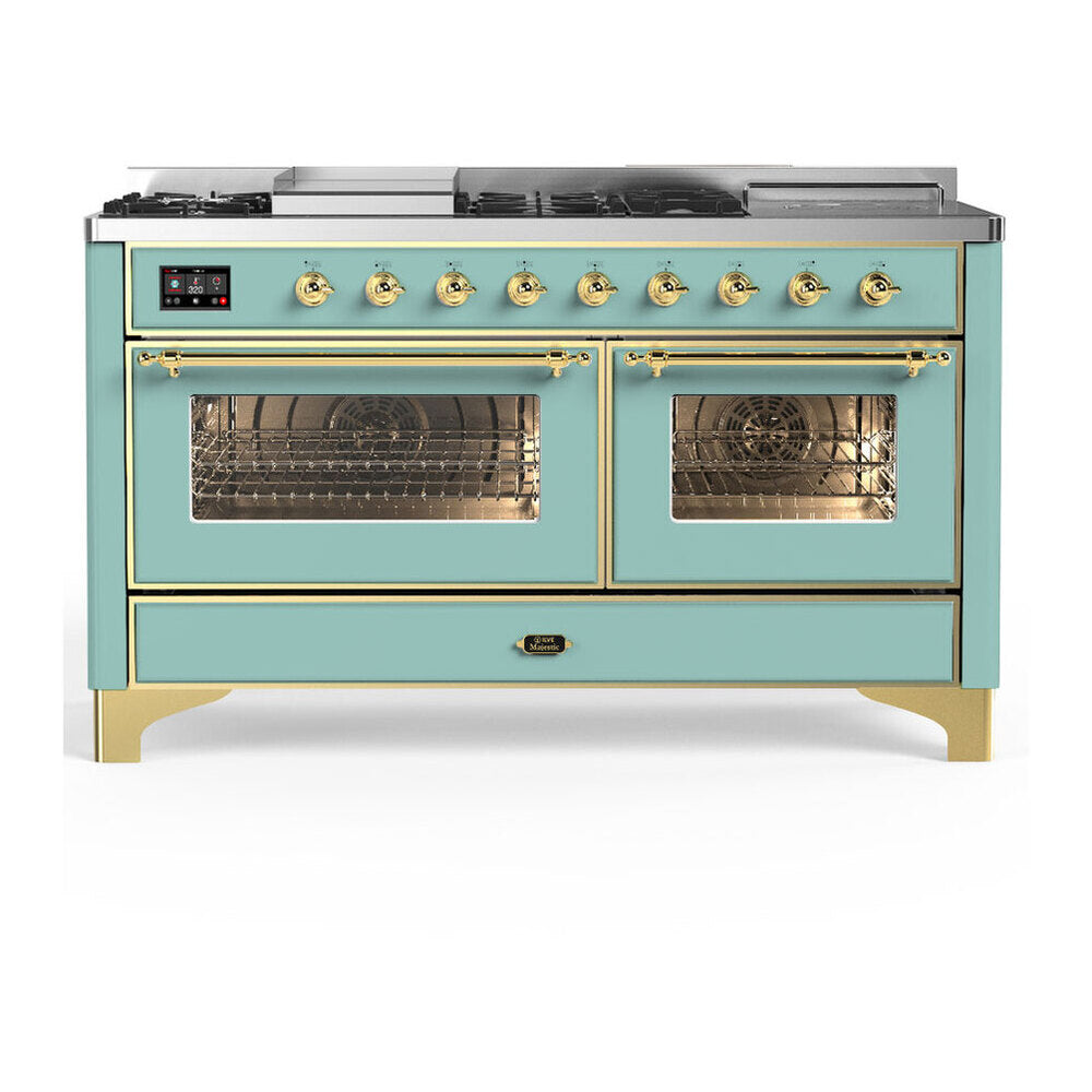 ILVE Majestic III 60-inch Dual Fuel Range with 5 Liquid Propane Burner, Griddle, French Top and Triple Glass Door Electric Oven in Mediterranean Mint with Brass Trim (UM60FSNR3MMGLP)