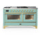 ILVE Majestic III 60-inch Dual Fuel Range with 7 Natural Gas Burner, Griddle, French Top and Triple Glass Door Electric Oven in Mediterranean Mint with Brass Trim (UM60FSNR3MMG)