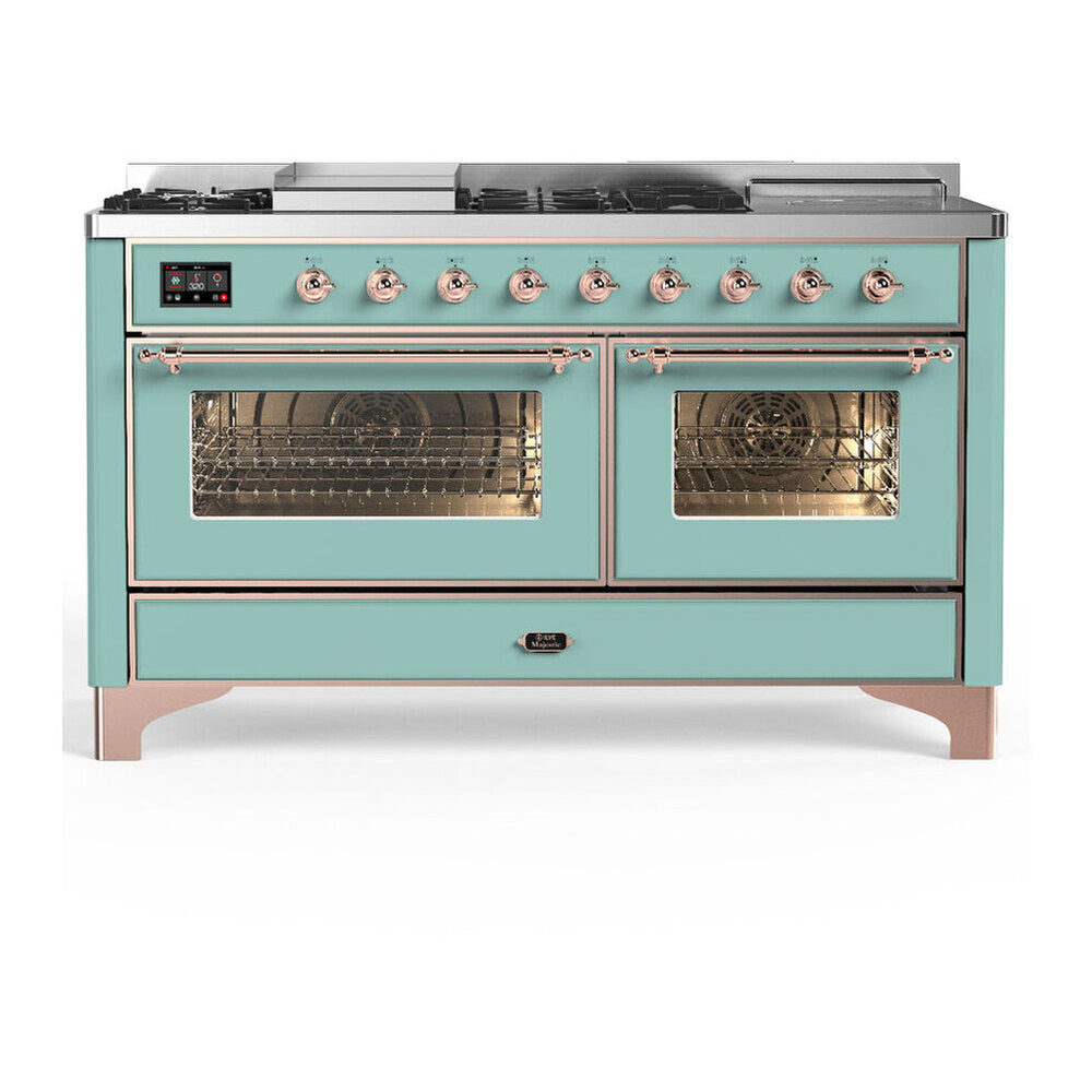 ILVE Majestic III 60-inch Dual Fuel Range with 5 Liquid Propane Burner, Griddle, French Top and Triple Glass Door Electric Oven in Mediterranean Mint with Copper Trim (UM60FSNR3MMPLP)