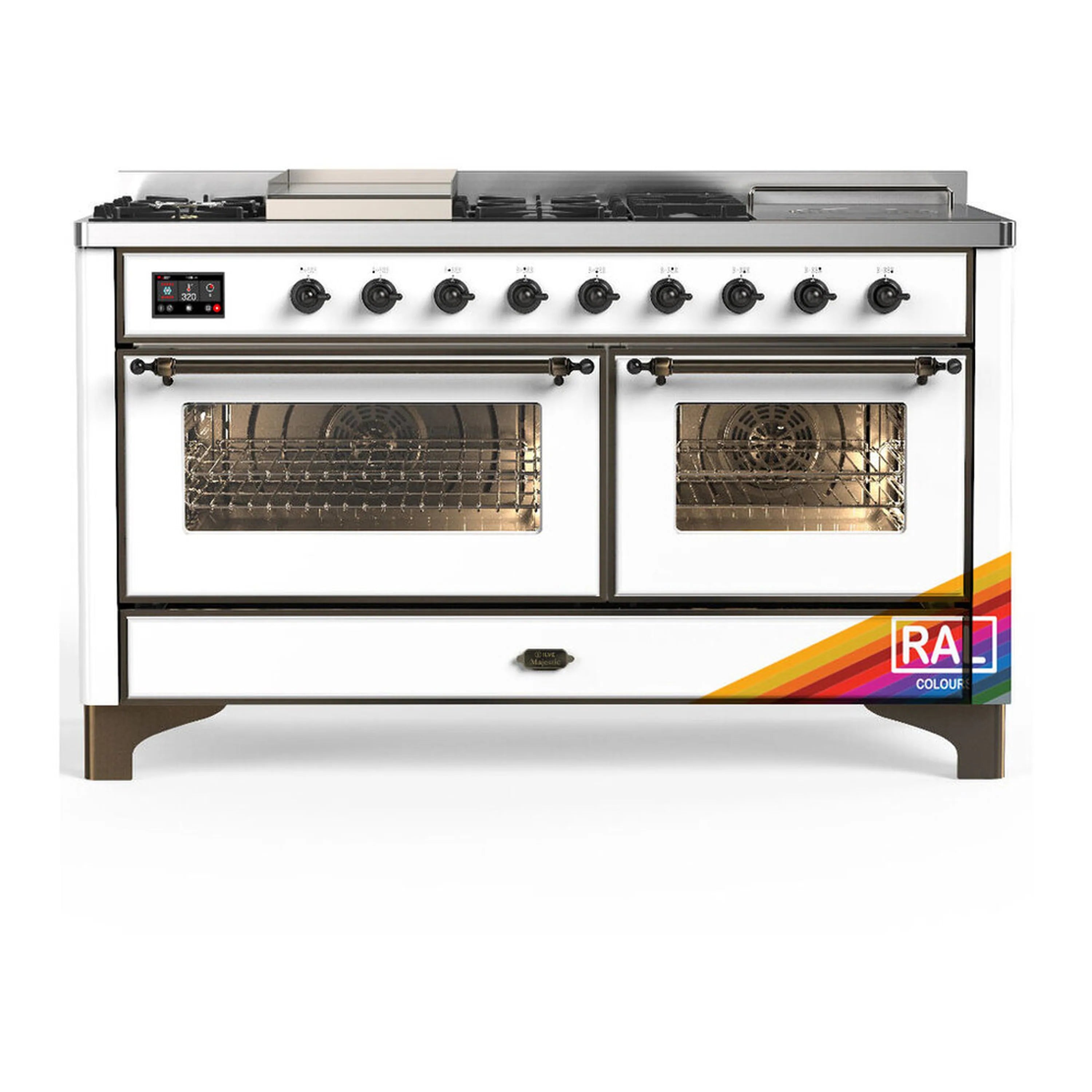 White dual fuel range with burners, griddle, and twin oven doors