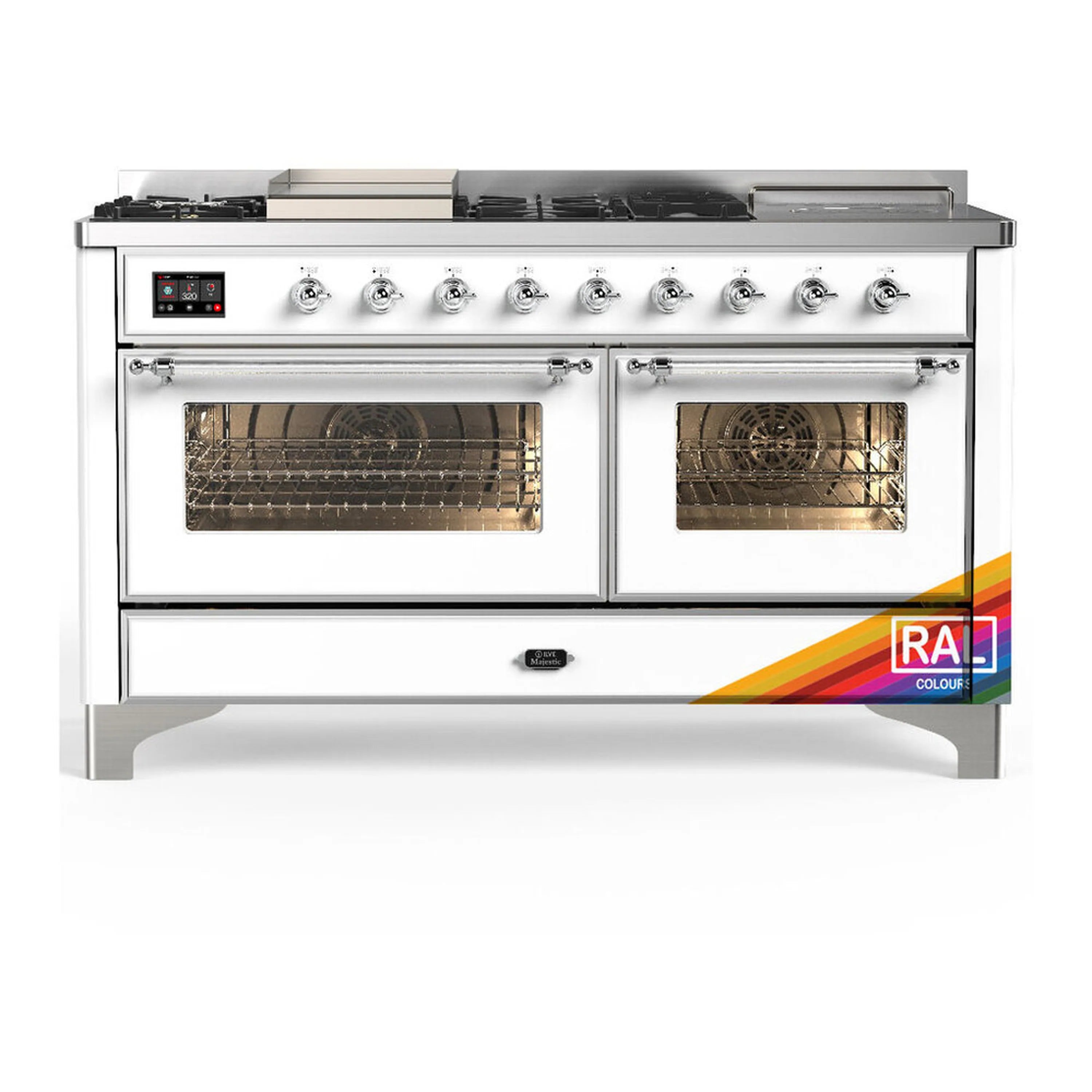 Dual fuel range in white with chrome trim, two ovens and triple glass doors