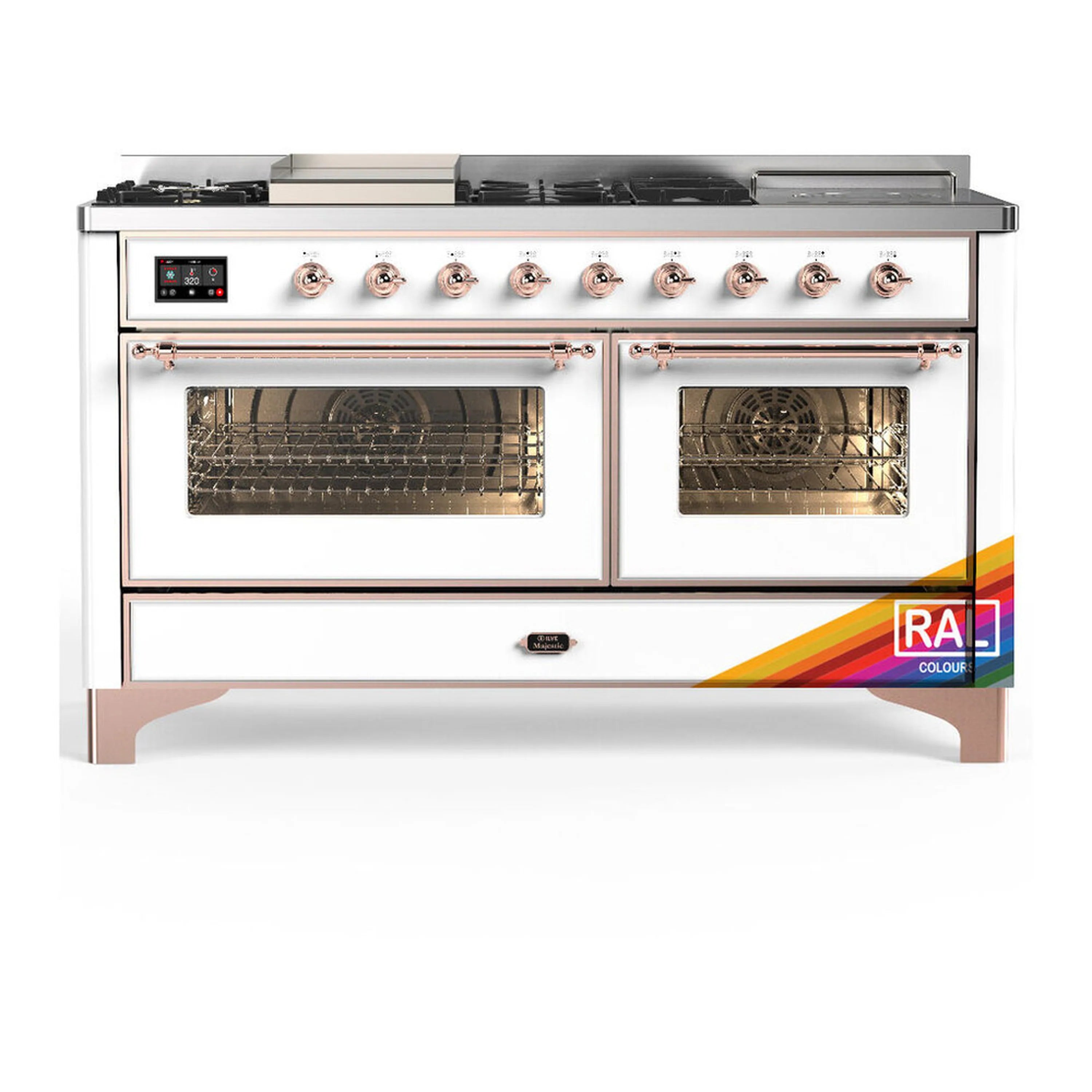Dual fuel range with triple glass oven doors, gas burners, griddle, copper trim
