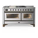 ILVE Majestic III 60-inch Dual Fuel Range with 5 Liquid Propane Burner, Griddle, French Top and Triple Glass Door Electric Oven in Stainless Steel with Burnished Trim (UM60FSNR3SSBLP)