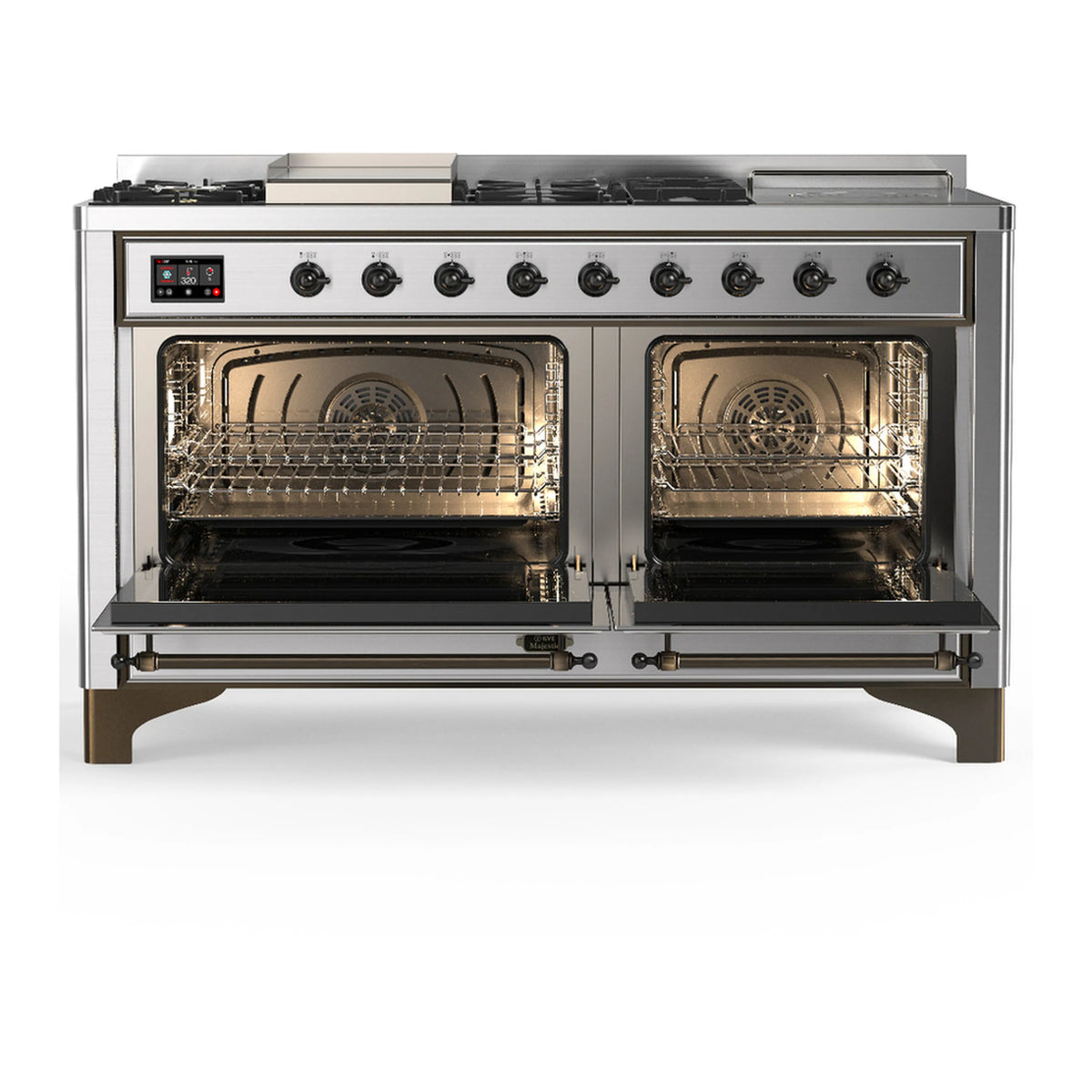Stainless steel dual fuel range with both oven doors open, showing wire racks and lighting