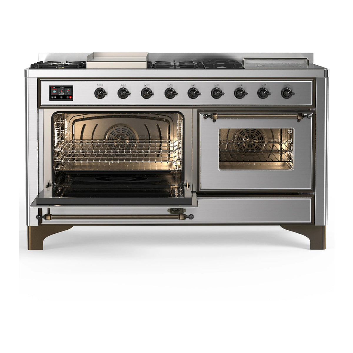 Stainless steel dual fuel range with one oven door open, showing wire rack inside