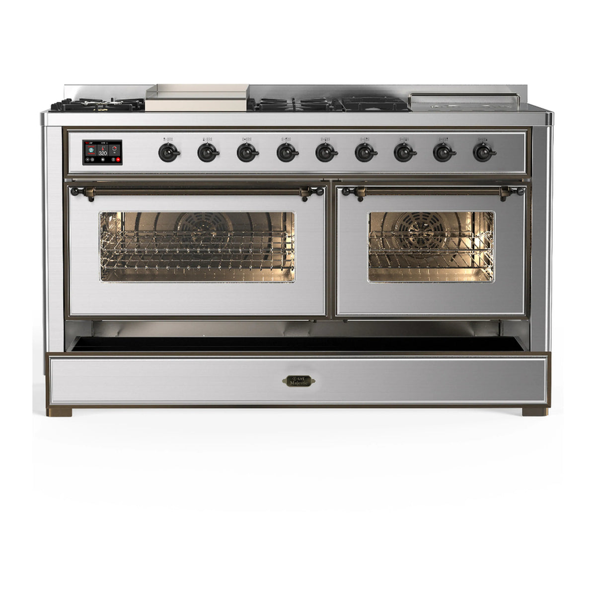 Stainless steel dual fuel range front with two oven windows and a closed drawer