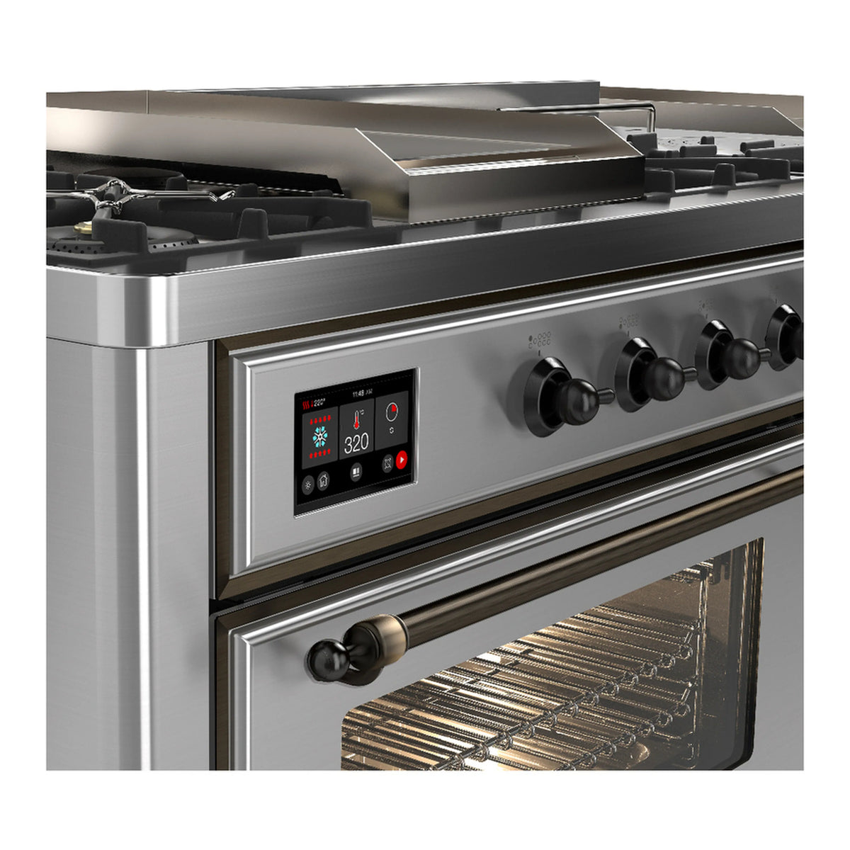 Stainless steel control panel and oven handle with warm-lit wire rack inside