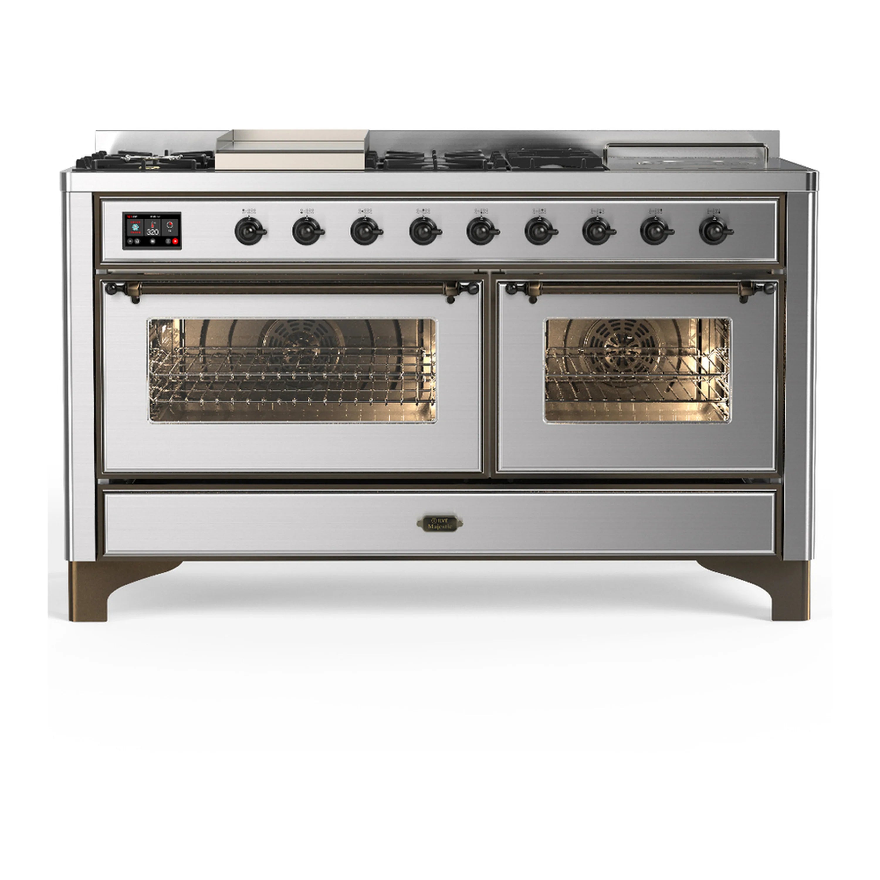 Stainless steel dual fuel range with two oven doors and front burner control panel