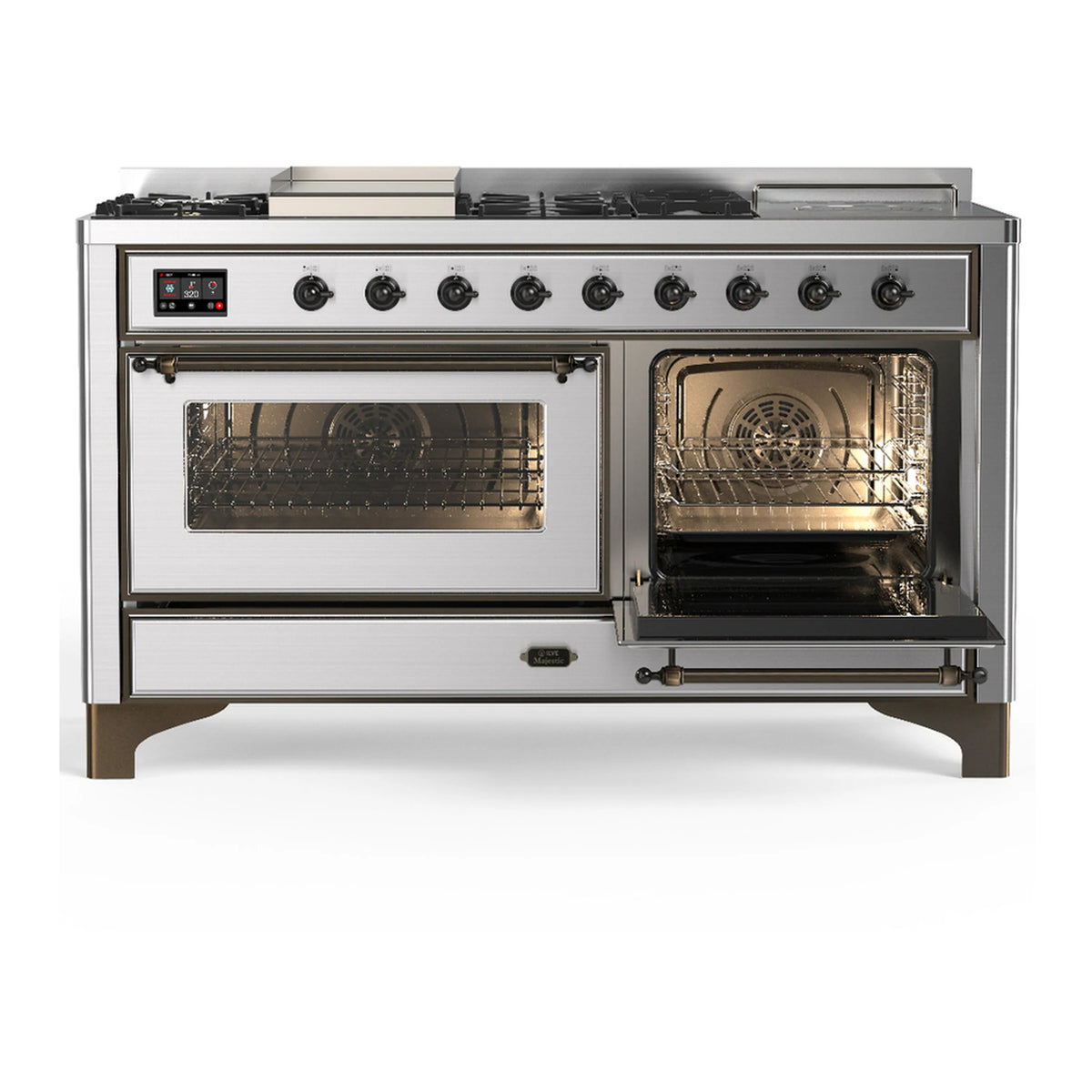 Stainless steel dual fuel range with left oven door open and burner control panel