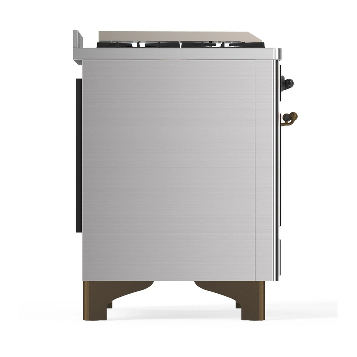 Stainless steel dual fuel range side panel with open top section and exterior handles