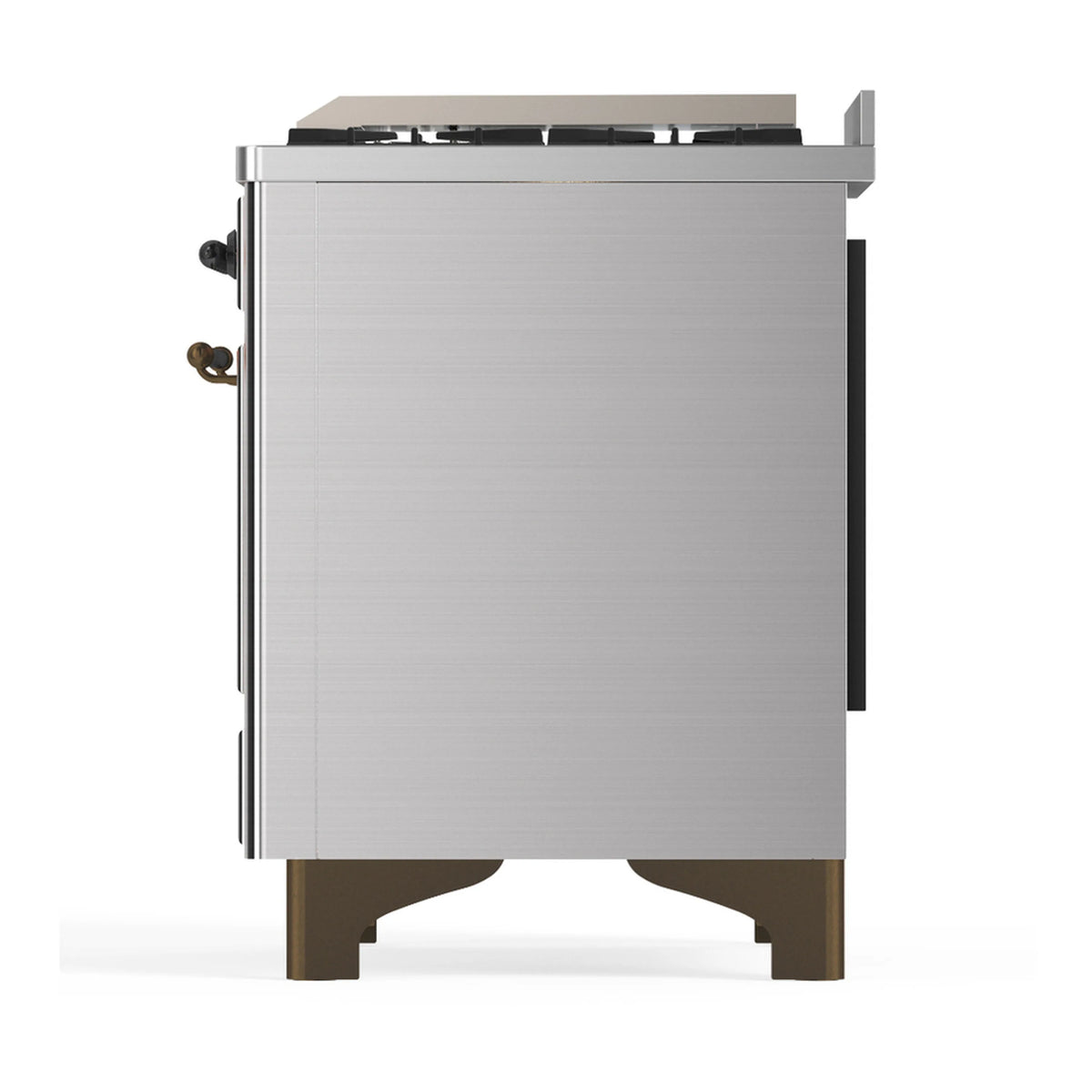 Stainless steel dual fuel range side view with exterior handles and base legs