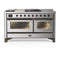 ILVE Majestic III 60-inch Dual Fuel Range with 7 Natural Gas Burner, Griddle, French Top and Triple Glass Door Electric Oven in Stainless Steel with Burnished Trim (UM60FSNR3SSB)