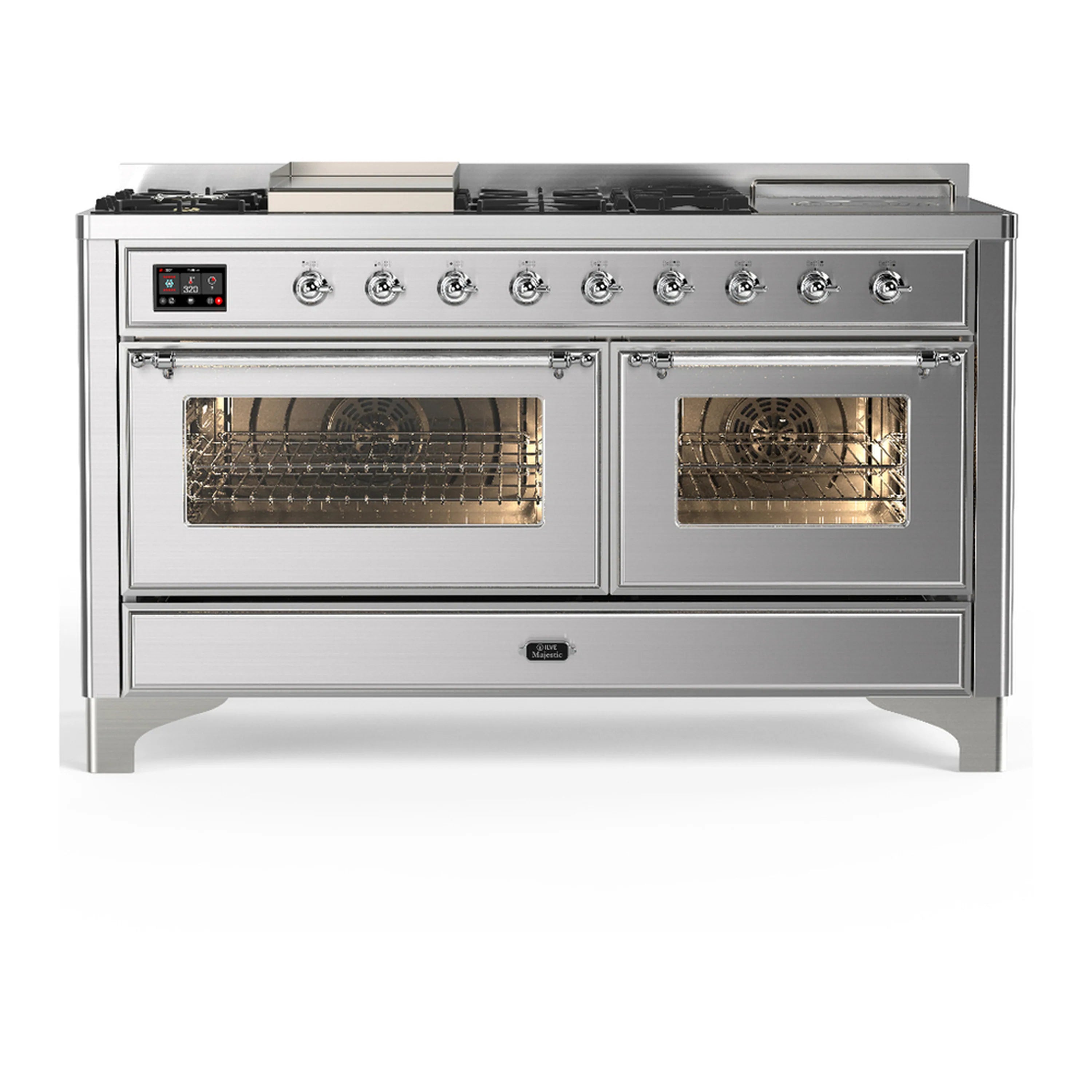 Stainless steel dual fuel range with two oven windows, racks, and front control panel