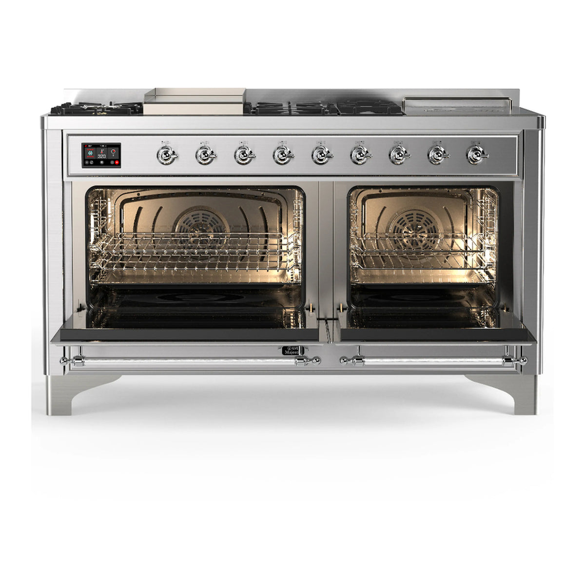 Stainless steel dual fuel range with two open electric oven doors and control knobs