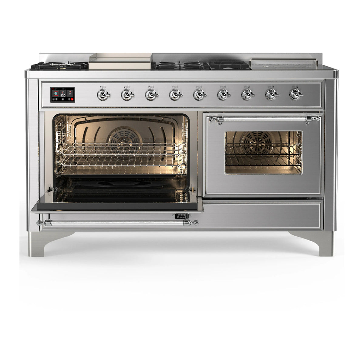 Stainless steel dual fuel range with left open oven door and visible interior rack
