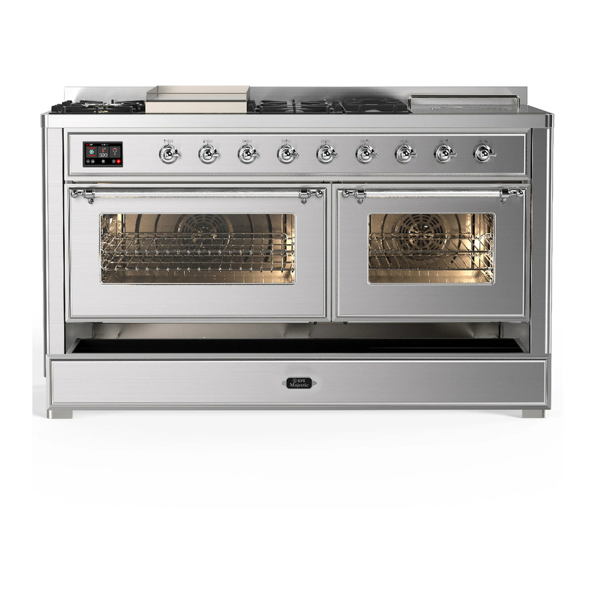 Stainless steel dual fuel range with double oven doors and front control knobs