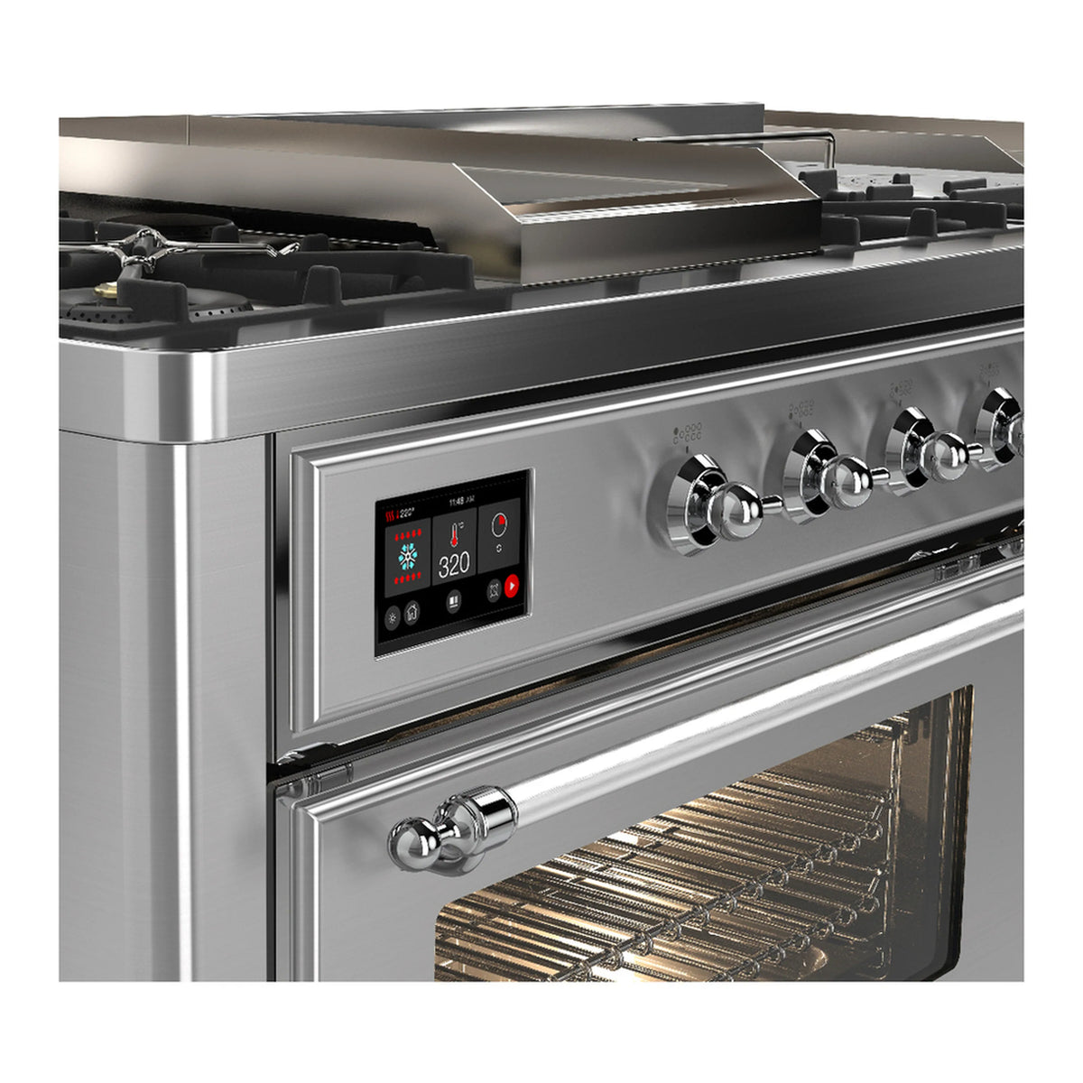 Stainless steel range control panel with knobs and a partially open oven door