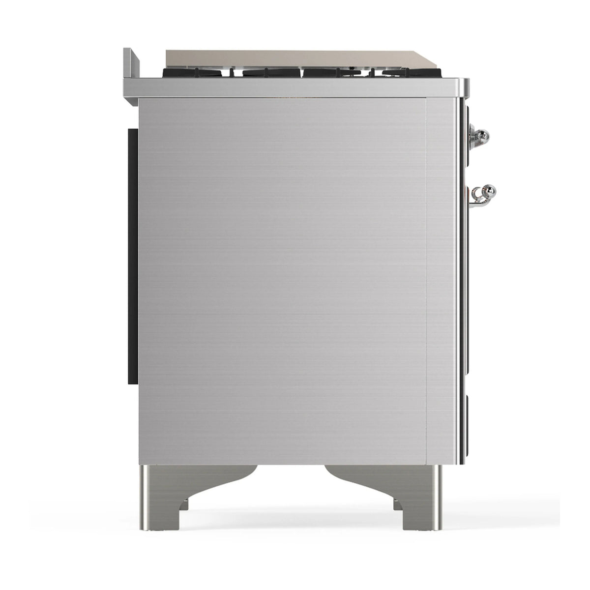Stainless steel dual fuel range side view with door handles and back riser